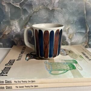 Lauffer Mug Handcrafted Stoneware Overproof Striped Brick Red & Blue Made Japan
